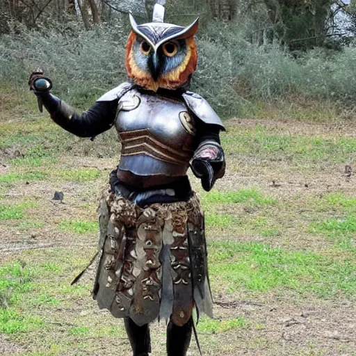 Prompt: full body photo of a female warrior wearing owl armour