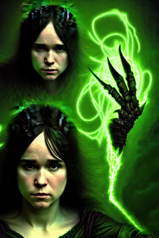 Image similar to ellen page as a dark sorceress casting a green spell, green lighting, fantasy character portrait, ultra realistic, concept art, intricate details, highly detailed by james bama, william adolphe bouguereau and frank frazetta