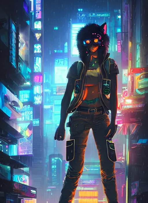 Image similar to beautiful portrait commission of a female furry anthro mountain lion wearing a bullet proof vest and cargo pants. Cyberpunk city at night in the rain. Neon light. Atmospheric. Character design by charlie bowater, ross tran, artgerm, and makoto shinkai, detailed, inked, western comic book art