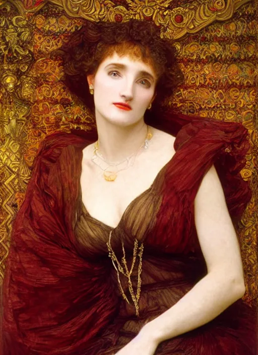 Image similar to a portrait of lisa gerrard, by edward robert hughes and frederic leighton