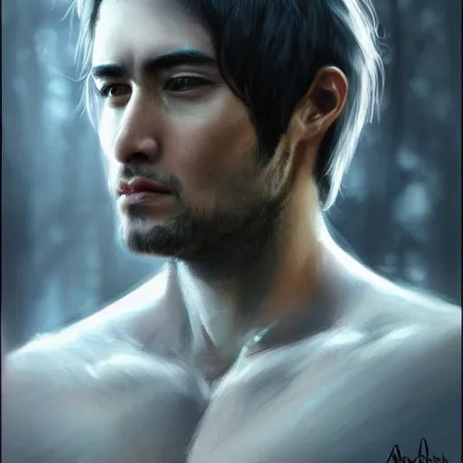 Image similar to photorealistic portrait of gerald darmanin as a sad pathetic alpha male, immature, fantasy, ugly, depth of field, bokeh, soft focus, detailed, soft glow, caravagio, high contreast, art by artgerm