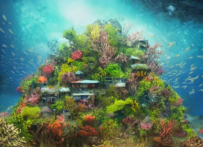 Prompt: overgrown foliage overtaking favela, underwater environment, coral, scenery, professional, award - winning, trending on artstation, detailed, realistic, beautiful, emotional, shiny, golden, picture