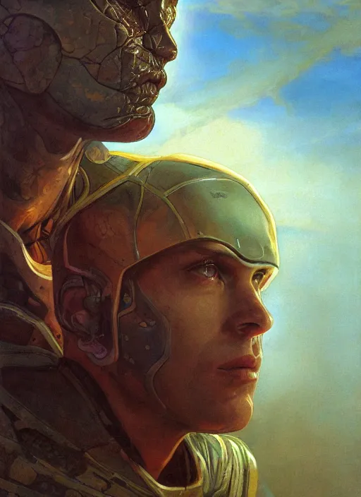 Image similar to biblical mage android snake, deep gaze to the side, closeup, bright glowing veins, in clouds, sunset, portrait, by gerald brom, by mikhail vrubel, by peter elson, muted colors, extreme detail, reflections, trending on artstation, 8 k