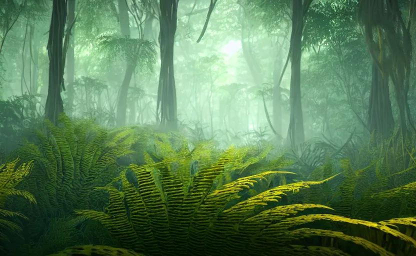 Image similar to a beautiful render of a dark prehistoric fern forest, lush flora, patches of yellow sky, dark green leaves, blue shadows, intricate detail, hazy, humid, volumetric lighting, 8 k, photorealistic, raytracing effects, unreal engine 5