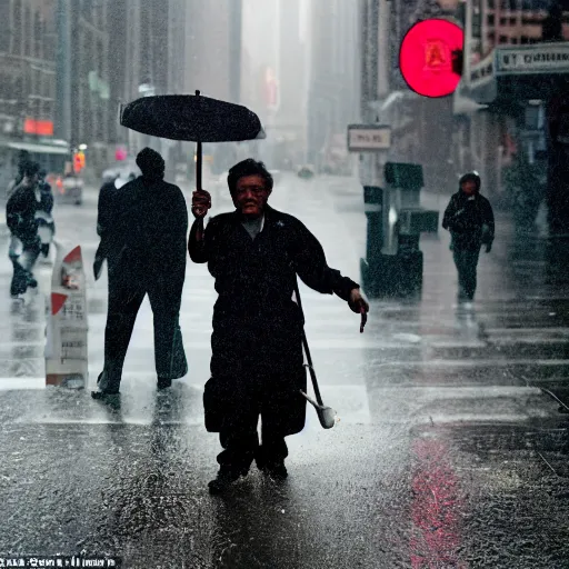 Image similar to closeup portrait of a cleaner with a mop fighting apuddles in rainy new york street, by Steve McCurry and David Lazar, natural light, detailed face, CANON Eos C300, ƒ1.8, 35mm, 8K, medium-format print