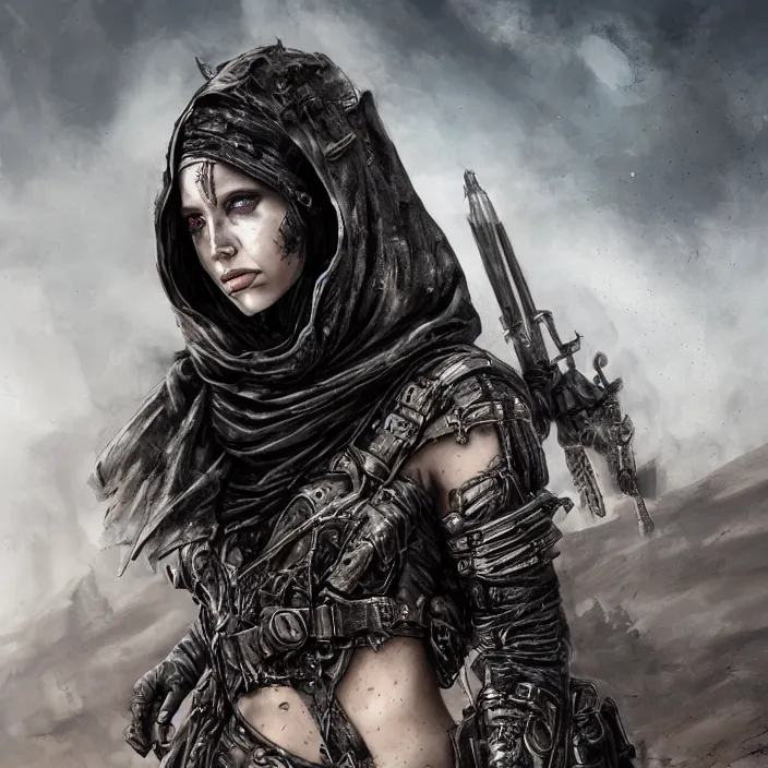 Image similar to beautiful apocalyptic woman in hooded cloak, standing on mad max panzer tank, hyper-detailed, smooth, sharp focus, 4k ultra hd, fantasy dark art, tank girl, artgerm, artstation, octane render, elegant, detailed digital painting, apocalyptic art