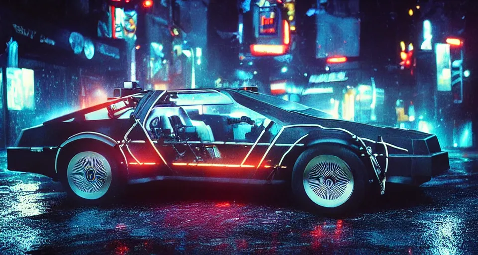 Image similar to a 2 8 mm closeup photo of a tela tron neon delorean back to the future car on wet city street at night, intricate, hyper detailed, smooth, high contrast, neon, volumetric lighting, octane, moebius, greg rutkowski, blade runner, ripley scott, mad max, cindmatic