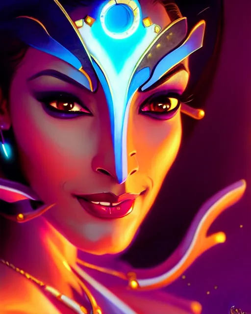 Image similar to symmetra from overwatch, elegant, confident, smug, strong, colorful, fantasy, fantasy art, character portrait, portrait, close up, highly detailed, intricate detail, amazing detail, sharp focus, vintage fantasy art, vintage sci - fi art, radiant light, caustics, by boris vallejo