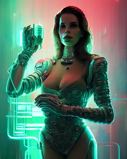 Image similar to portrait of lana del rey as a cyberpunk cyborg. roses, sci - fi, missing panels, intricate abstract, upper body, intricate artwork, by tooth wu, wlop, beeple, dan mumford. concept art, 8 k octane render, deviantart, greg rutkowski, cinematic, key art, hyperrealism, iridescent accents