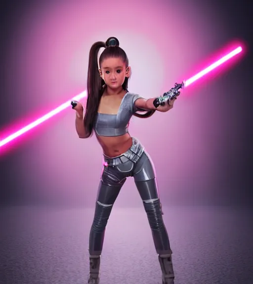 Image similar to A hyper realistic photo of Ariana Grande in the Star Wars universe with two pink lightsabers held in each hand, action pose. Maximum detail on artstation, photo realism, vivd details, vivd colour