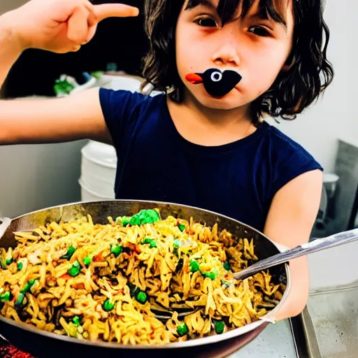 Prompt: kid with long hair and a mustache eating vegetable fried rice