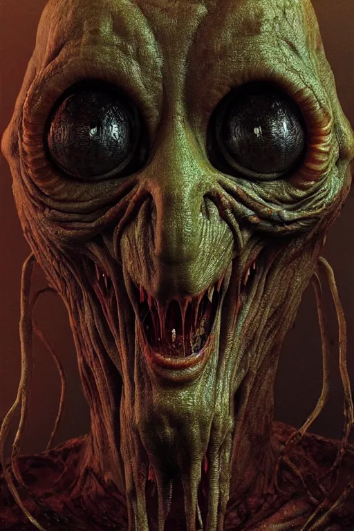 Image similar to perfectly - centered horror portrait - photograph of a brutal scary terrifying ugly monstrous alien goblin creature real life portrait by beksinski and jean delville, slimy pus oozing specular, unreal engine 5, photorealism, hd quality, 8 k resolution, cinema 4 d, hdr dramatic cinematic lighting