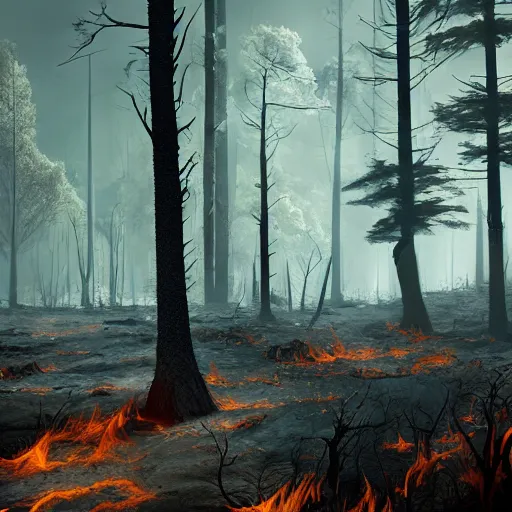 a burned lifeless forest, with burned trees, concept | Stable Diffusion ...