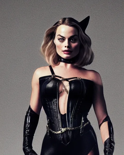 Image similar to portrait of margot robbie as cat woman, full body shot, highly detailed, detailed face, cinematic, professional photograph