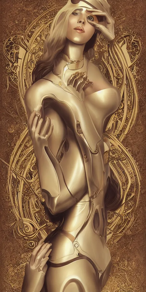 Image similar to beauty art nouveau woman, ivory and gold robotic, trending on artstation, by Artgerm