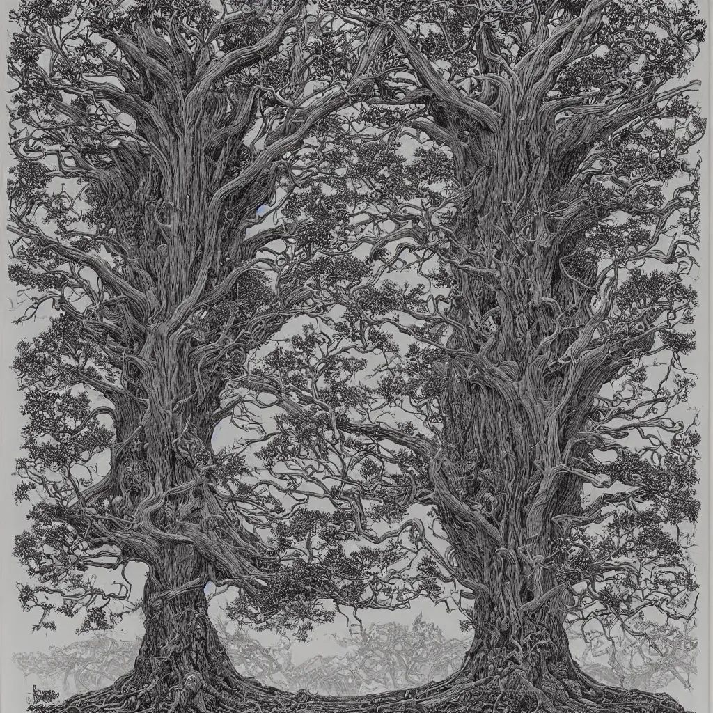 Image similar to tree of life, yggdrasil, by moebius, by laurie lipton