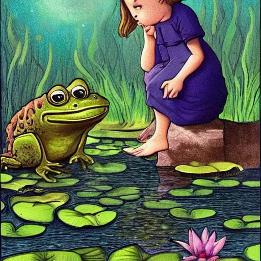 Image similar to garfield by h. p. lovecraft natural, ordered. print. a young girl is sitting on the edge of a pond, with her feet in the water. she is looking at a frog that is sitting on a lily pad in the pond.