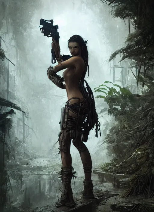 Image similar to portrait of a young very beautiful cute tribal woman with a futuristic gun, in a post apocalyptic city overgrown with lush vegetation, by Luis Royo, by Greg Rutkowski, dark, gritty, intricate, volumetric lighting, volumetric atmosphere, concept art, cover illustration, octane render, trending on artstation, 8k