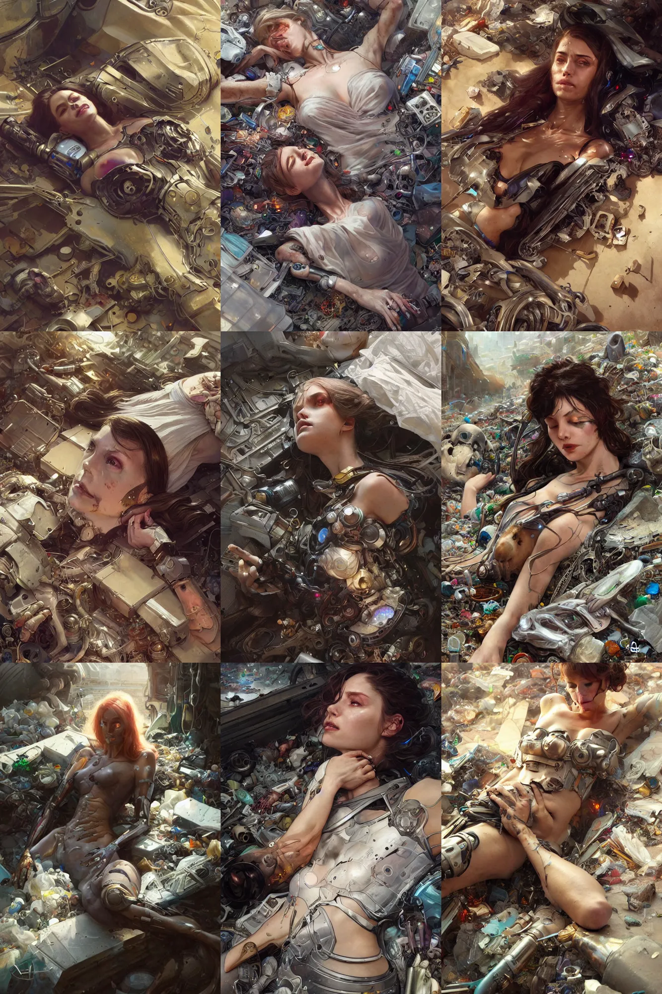 Prompt: Ultra realistic, dead cyborg woman lying among the garbage + beautiful dirty face, cyberpunk, sci-fi, fantasy, intricate, elegant, highly detailed, digital painting, artstation, concept art, smooth, sharp focus, illustration, art by artgerm and greg rutkowski and alphonse mucha