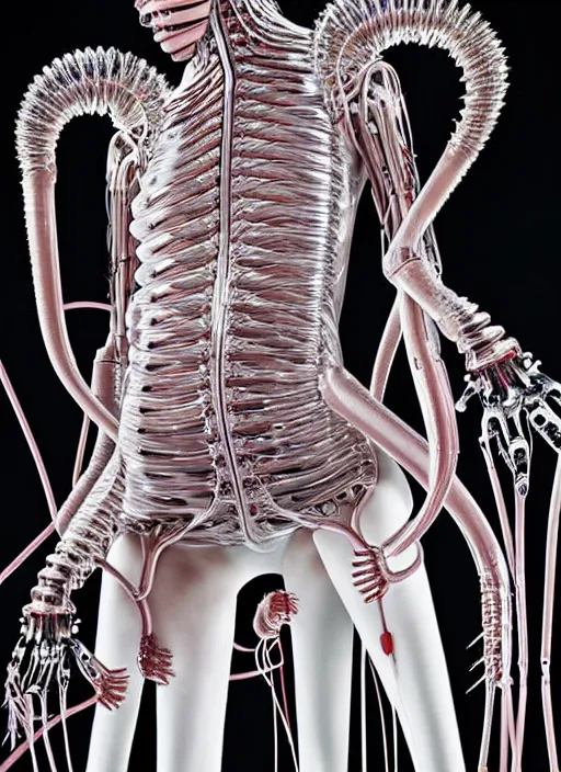 Prompt: walking down the catwalk, steven klein, mert alas and marcus piggott, show, stage, vogue photo, podium, fashion show photo, iris van herpen, beautiful woman, full body shot, masterpiece, inflateble shapes, giger, plant predator, guyver, jellyfish, wires, veins, biomechanical details, bionic cyborg implants, colourfull