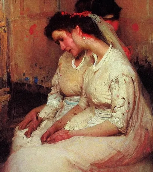 Image similar to high quality high detail painting by ilya repin, brides in a blood flooded house, hd