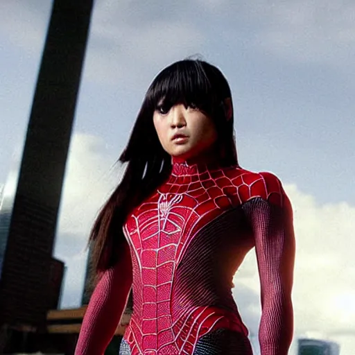 Image similar to Ayumi Hamasaki as spiderwoman , film still, best scene,