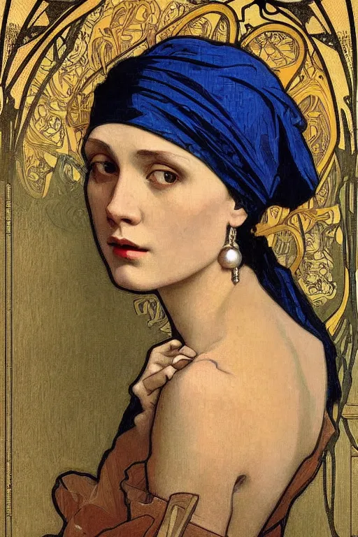 Prompt: Girl with a pearl earring realistic detailed by Alphonse Mucha, Art Nouveau, Neo-Gothic, gothic, rich deep moody colors background.