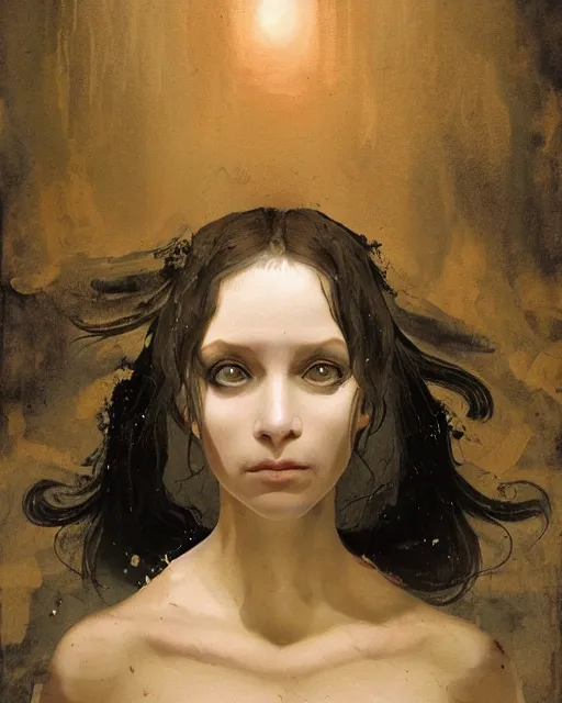 Image similar to a beautiful and eerie baroque painting of a beautiful but creepy girl in layers of fear, with haunted eyes and dark hair piled on her head, 1 9 7 0 s, seventies, wallpaper, a little blood, morning light showing injuries, delicate embellishments, painterly, offset printing technique, by brom, moebius, robert henri, walter popp