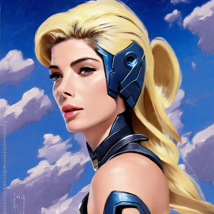 Image similar to A combination of Adriana Dxim's and Grace Kelly's and Ashley Greene's appearances with blonde hair wearing Interceptor's armor from Anthem, countryside, calm, fantasy character portrait, dynamic pose, above view, sunny day, thunder clouds in the sky, artwork by Jeremy Lipkin and Giuseppe Dangelico Pino and Michael Garmash and Rob Rey and Greg Manchess and Huang Guangjian, very coherent asymmetrical artwork, sharp edges, perfect face, simple form, 100mm