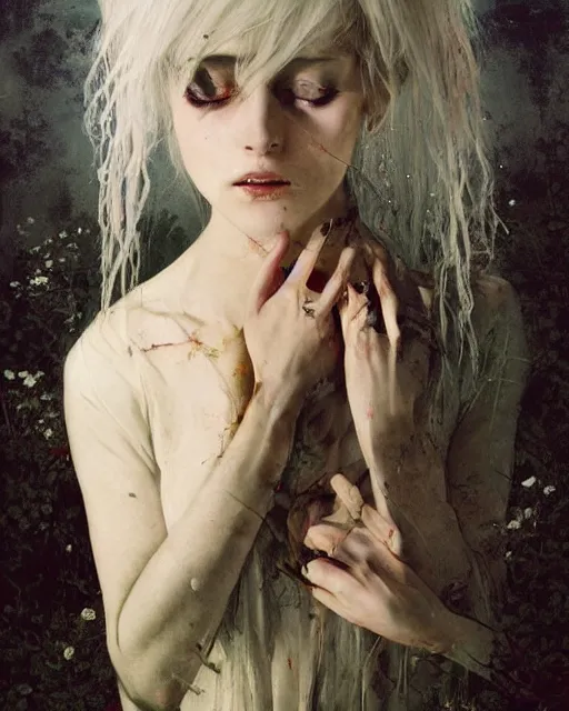 Image similar to a beautiful but creepy young woman in layers of fear, with haunted eyes, violence in her eyes, crazy white hair, wearing a punk outfit, 1 9 7 0 s, seventies, delicate embellishments, a little blood, woodland, moonlight shining on wildflowers, painterly, offset printing technique, by alexandre cabanel