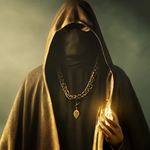 Image similar to a portrait of a man wearing a long dark cloak, hood and shadows covering face, holding golden chains, oil painting, Volumetric Golden dappled dynamic lighting, Highly Detailed, Cinematic Lighting, Unreal Engine, 8k, HD