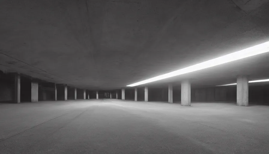 Image similar to brutalism, underground city carpark, lighting with lensflares, photorealistic 8 k