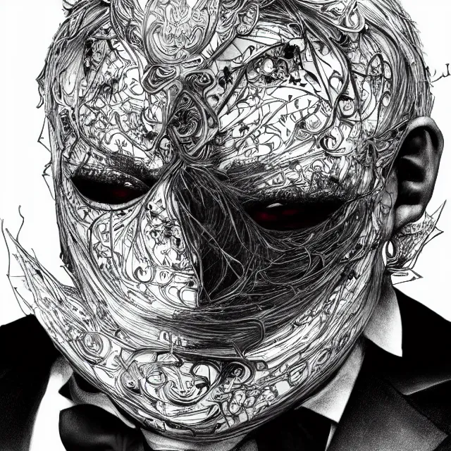 Prompt: man with black mask wearing suit and tie, an absurdly beautiful, elegant, young hypercolorful sensual gravure idol, ultrafine hyperrealistic detailed face illustration by kim jung gi, irakli nadar, intricate linework, sharp focus, bright colors, matte, octopath traveler, final fantasy, unreal engine highly rendered, global illumination, radiant light, intricate environment