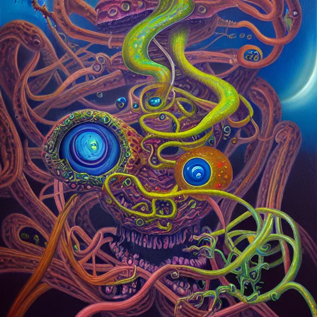 Image similar to an oil on canvas portrait painting of an acid trip, polycount, surrealism, surrealist, lovecraftian, cosmic horror, high detail