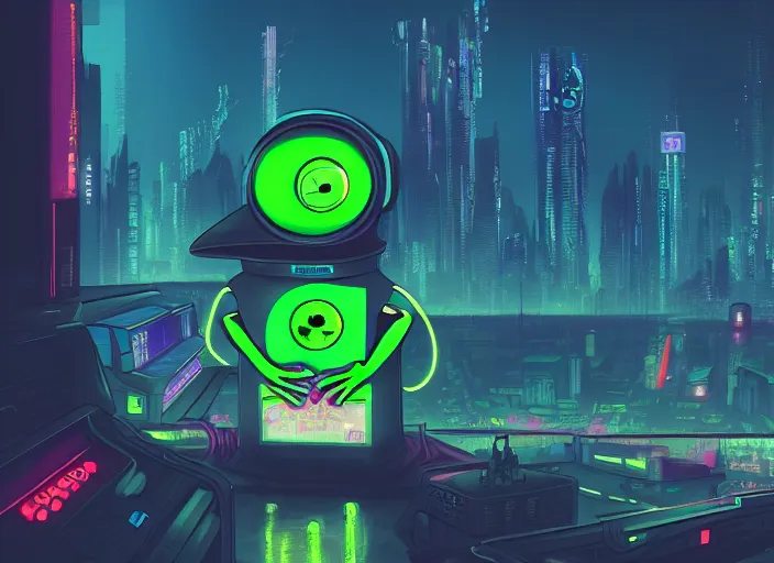 Image similar to cyberpunk pepe the frog, futuristic cityscape, computers, dylan kowalski, marat zakirov, albert ramon puig, trending on artstation, 8 k