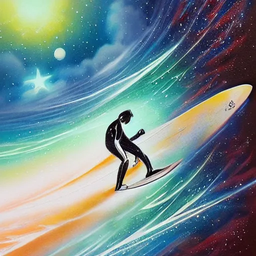 Image similar to surfer in space, intricate detail, airbrush painting, illustration,