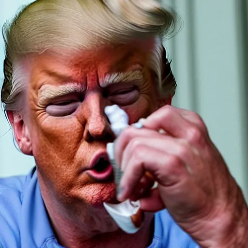 Prompt: a shocking, candid photo of donald trump, smoking crack out of a crack pipe in the white house oval office. photo taken from a window outside the oval office, by a new york times reporter.