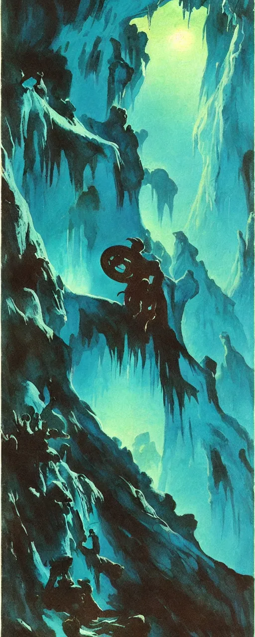 Image similar to frazetta painting of mystic teal ice cave of horror , nighttime ,daytime , backlight , detailed visible brushmarks
