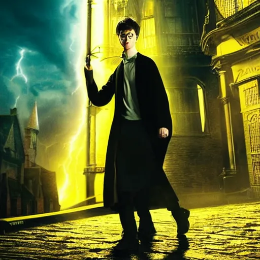 Image similar to Harry potter daniel radcliffe, yellow light spell, voldemort is visible, side view, thunderclouds, cinematic shot, wide shot, epic scale, photorealistic detail and quality, intricate cobblestone, magical special effects, movie still, nighttime, crescent moon, sharp and clear, action shot, intense scene, visually coherent, symmetry, rule of thirds, movement, photorealistic colors, cool colors transitioning to warm colors, modest tone, award winning, directed by Steven Spielberg, Christopher Nolan, Tooth Wu, Asher Duran, artstation