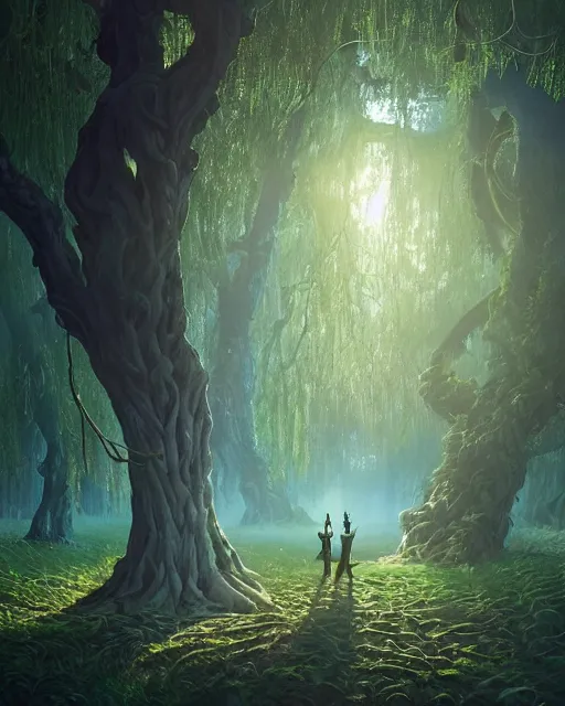 Image similar to highly detailed surreal vfx portrait of a cursed object in a shadowy forest by a willow tree, stephen bliss, unreal engine, greg rutkowski, loish, rhads, beeple, makoto shinkai and lois van baarle, ilya kuvshinov, rossdraws, tom bagshaw, alphonse mucha, global illumination, detailed and intricate environment