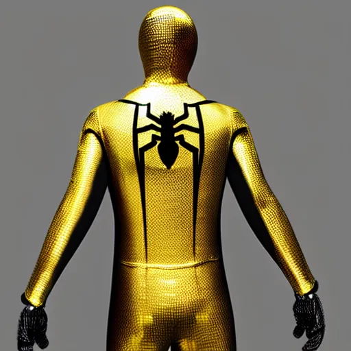 Image similar to gold spider - man suit with black web lining, cinematic, volumetric lighting, realistic, hyperdetailed, photorealistic, photograph