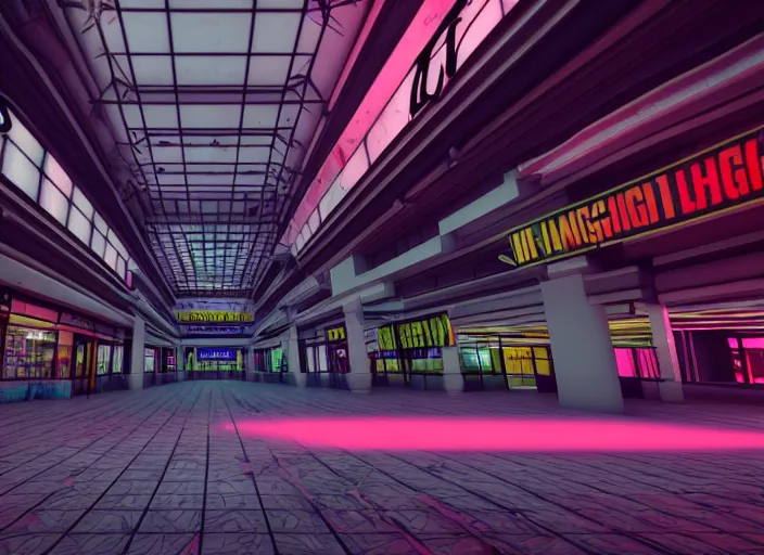 Image similar to inside a huge abandoned mall with high contrast neon lights, highly detailed, 8 k, hdr, award - winning, octane render, trending on artstation, volumetric lighting