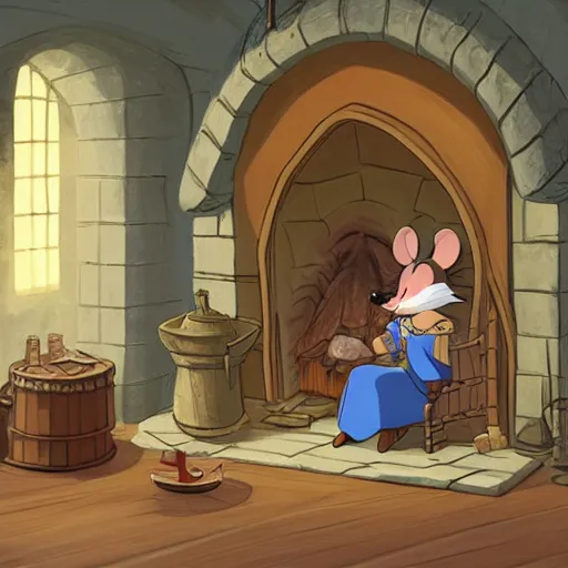 Prompt: an anthropomorphic mouse dressed in medieval clothing sitting is a big cozy armchair, studio ghibli, warm lighting, sitting by a small fireplace