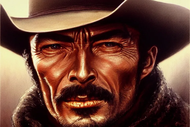 Image similar to close portrait of lee van cleef as a mean cowboy in pale rider ( 1 9 8 5 ). movie still, highly detailed, centered, digital painting, artstation, concept art, smooth, sharp focus, illustration, artgerm, tomasz alen kopera, peter mohrbacher, drew struzan