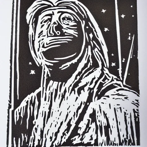 Image similar to three colour lino cut of ALF frozen in Carbonite