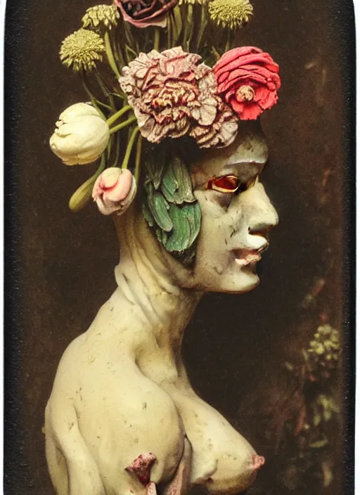 Prompt: beautiful and detailed rotten woman made of plants and many types of stylized flowers like carnation, chrysanthemum, roses and tulips, ornamentation, rococo, intricate, surreal, john constable, guy denning, gustave courbet, caravaggio, romero ressendi 1 9 1 0 polaroid photo