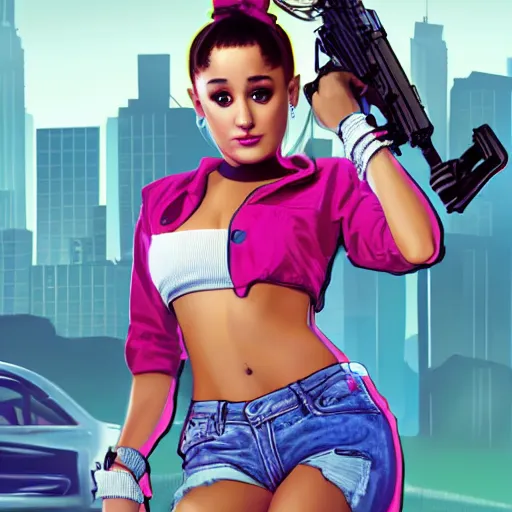 Prompt: Ariana Grande in GTA V, cover art by Stephen Bliss, artstation