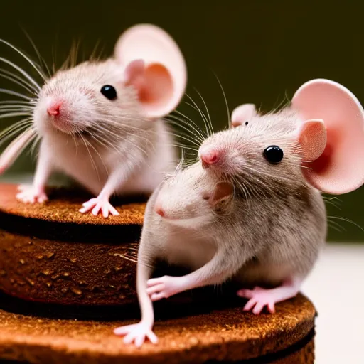 Image similar to 2 mice dancing on top of a 4 layered wedding cake, award winning, national geographic, macro shot