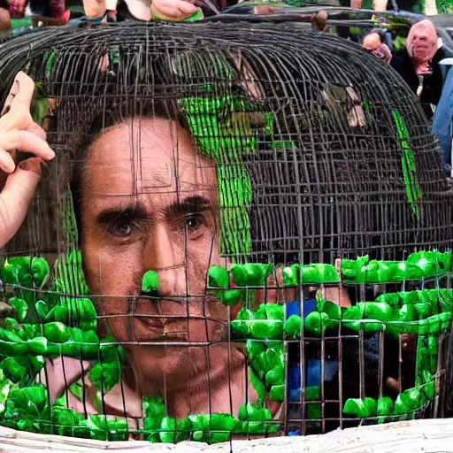 Image similar to nicolas cage trapped in a wicker cage with peas on his face, dying