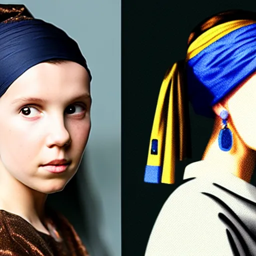 Image similar to Millie Bobby Brown with the pearl earring by Johannes Vermeer